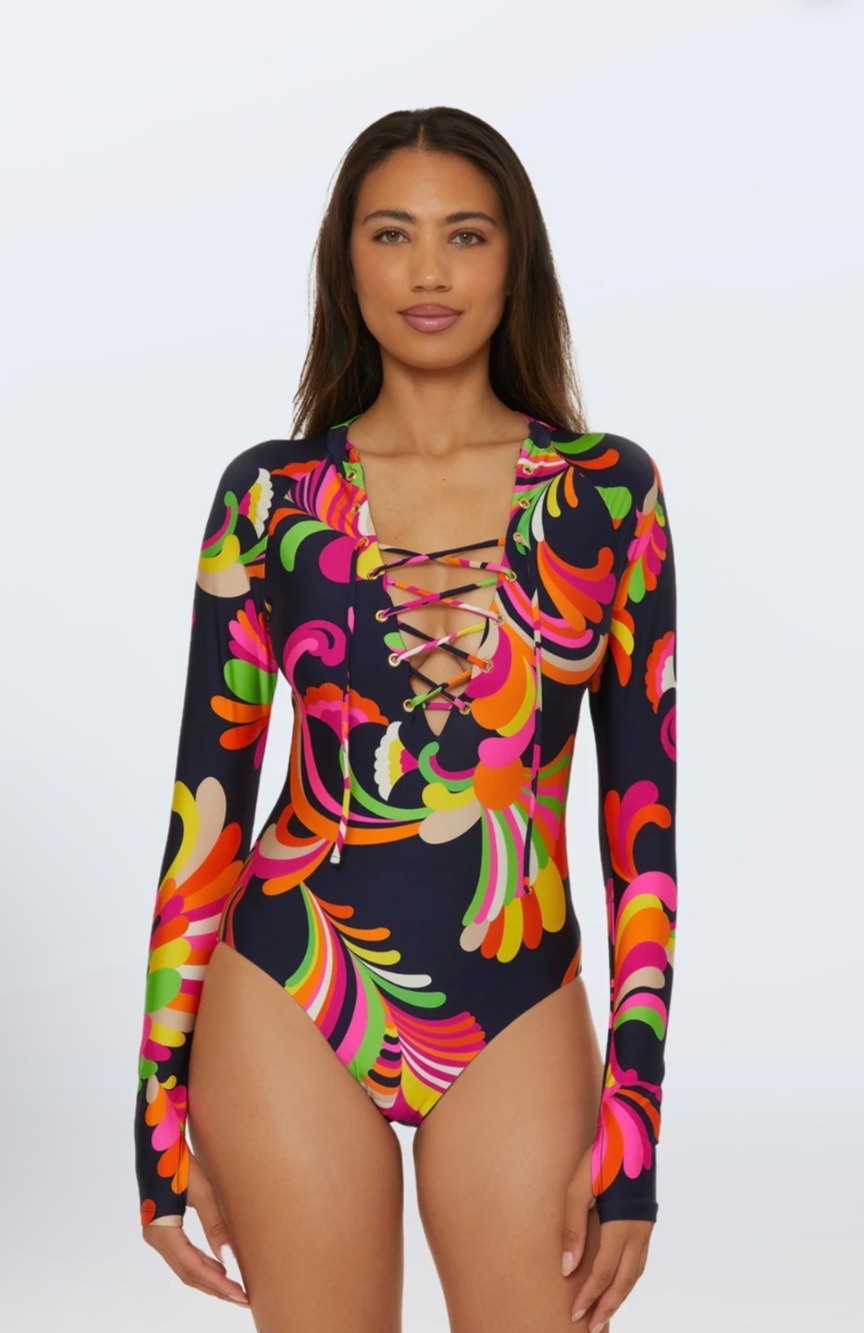 NEW Trina Turk Palms Paradise Long Sleeve Paddle Swimsuit Size M Retail $182
